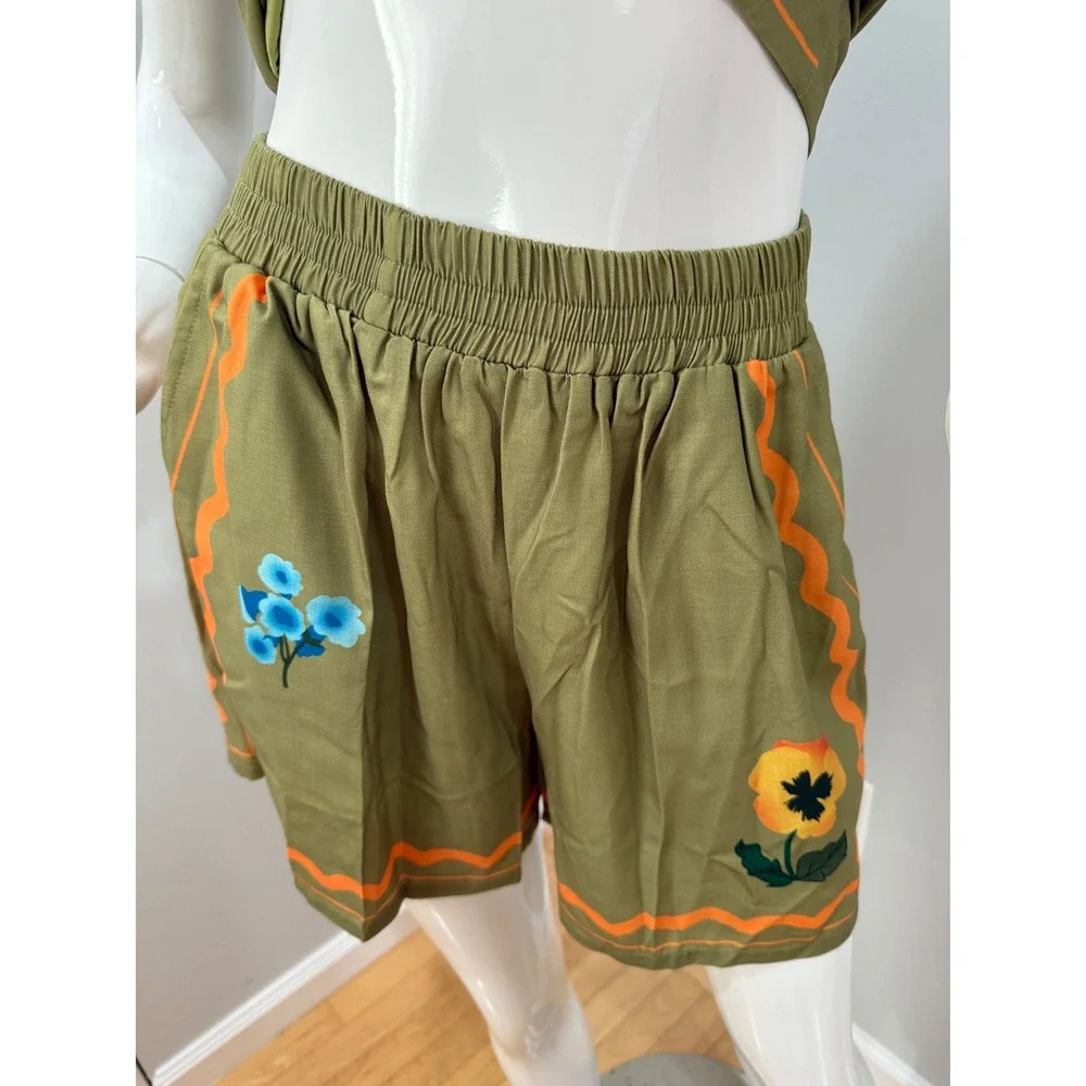 Commense Vest & Shorts Set Olive‎ Green Floral Embroidered Outfit Size XS - Picture 7 of 9